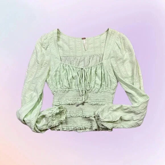 Free People Lolita Peasant Top Neon Pastel Green 100% Cotton Women's X-Small - Picture 2 of 7